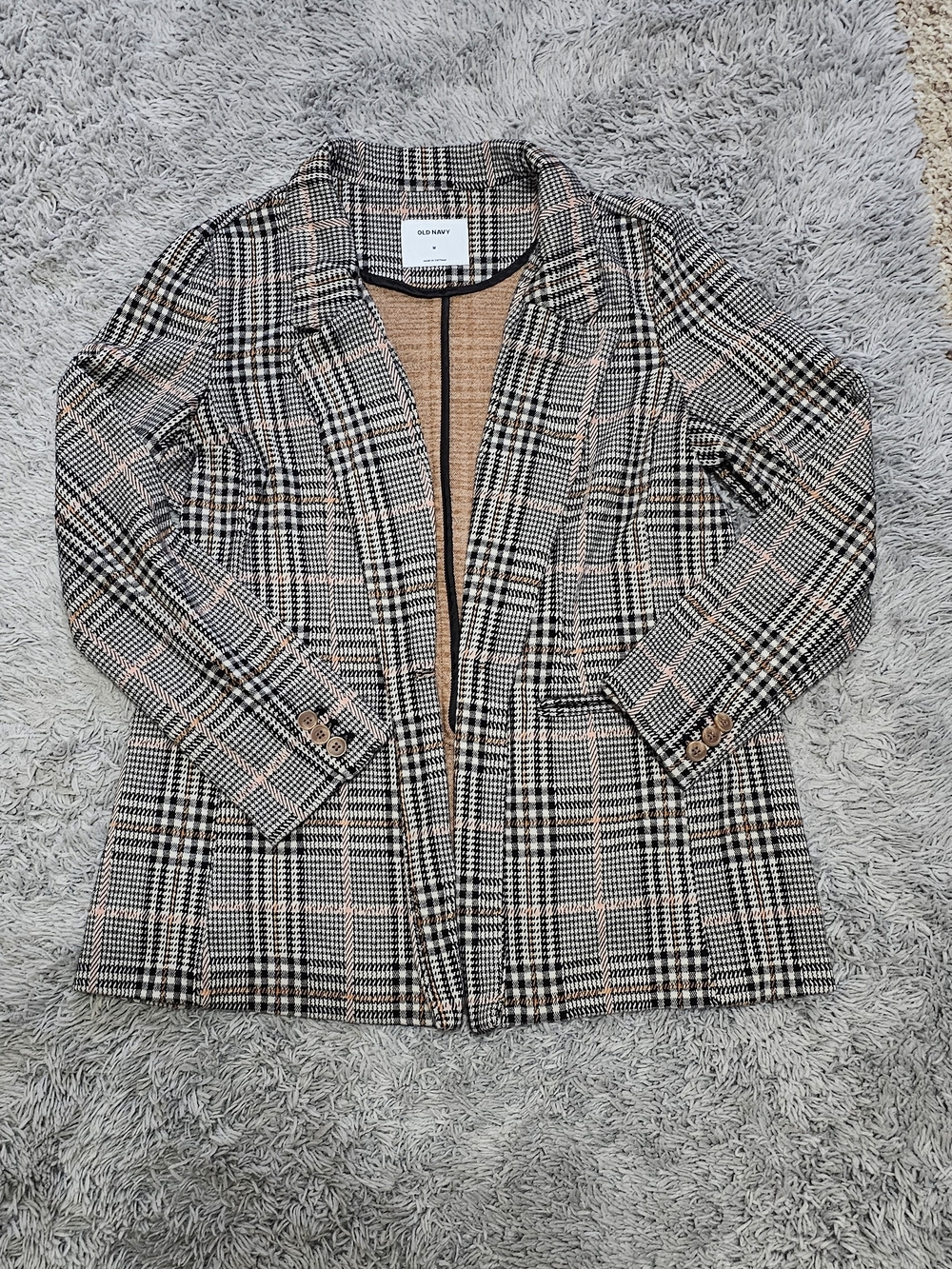 Old Navy Houndstooth Stretchy Blazer Jacket in Black, Tan & Pink